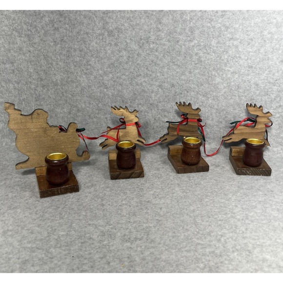 Vintage Christmas Around the World Wood Sleigh Reindeer Taper Candle Holders Set - Picture 6 of 16